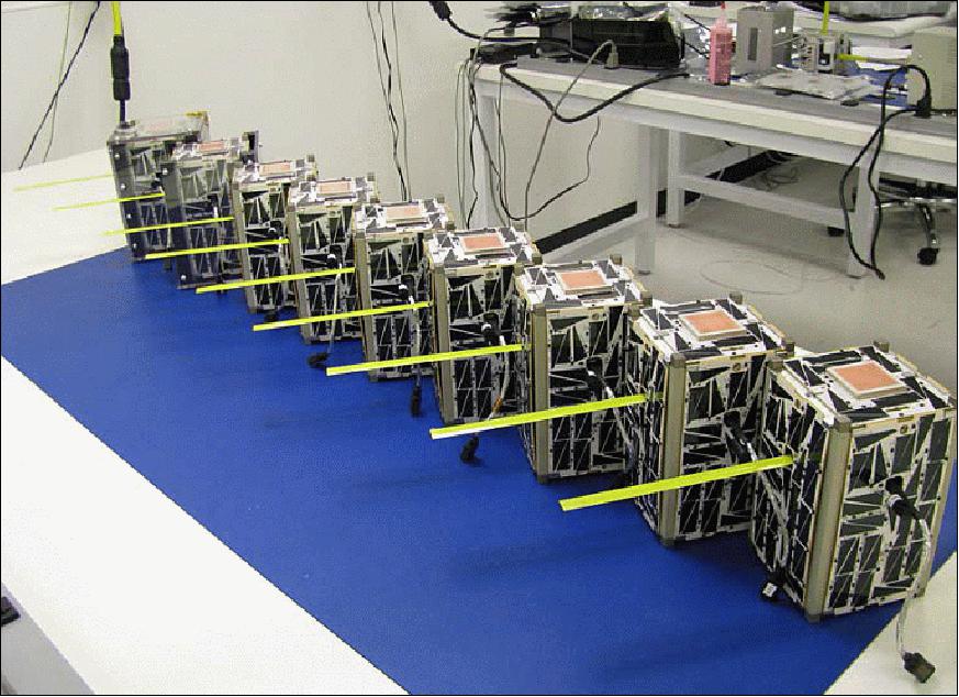 Figure 8: Photo of the EDSN CubeSat swarm of eight flight units and one flight spare (image credit: NASA/ARC)