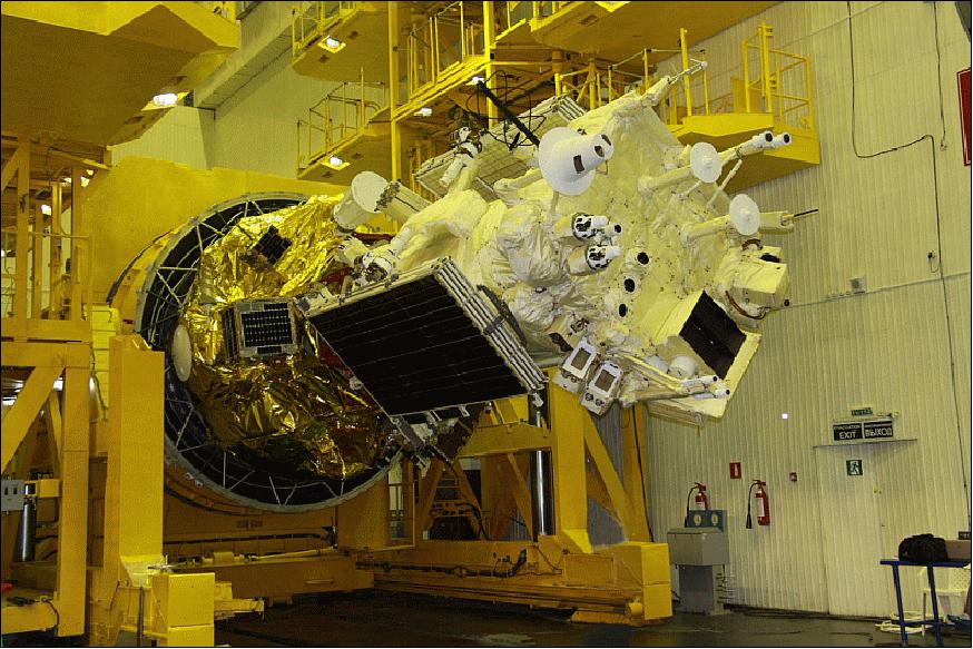 Figure 3: Photo of a fully assembled payload section including the Meteor-M2 satellite, Fregat upper stage and secondary payloads (image credit: Roskosmos, Anatoly Zak)