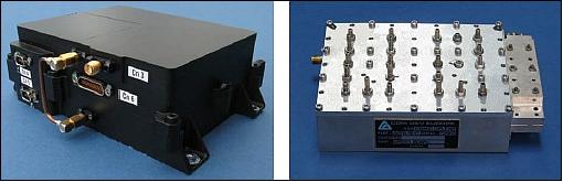 Figure 4: Photo of the STC-MS01 TT&C transponder (left) and an S-band diplexer (right), image credit: COM DEV Europe