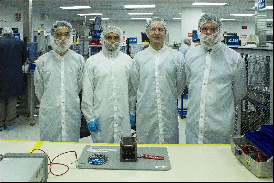 Figure 6: Assembly of the Irazú CubeSat in the clean room located in MOOG Medical, at the Coyol Free Zone, in Alajuela, Costa Rica. The assembly team members are (from left to right): Olman Quiros, Esteban Martínez, Marco Gómez and Adolfo Chaves (image credit: ITCR)