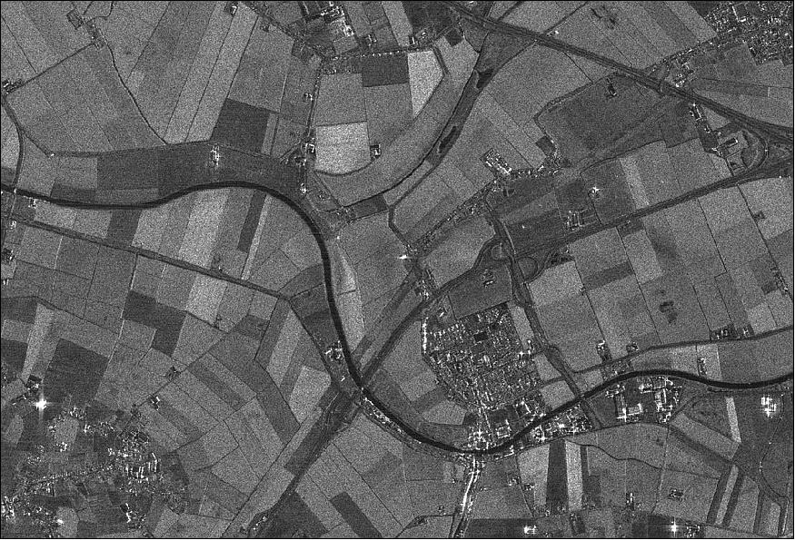 Figure 6: The first images were taken from ASNARO-2 as it flew over Europe on February 4, 18 days after its launch, observed in strip-map mode. Although the image was taken at sunset, rural areas, vegetation and the condition of roads and rivers are clearly visible. Even the maturity of crops can be determined based on variations in their levels of brightness (image credit: NEC)