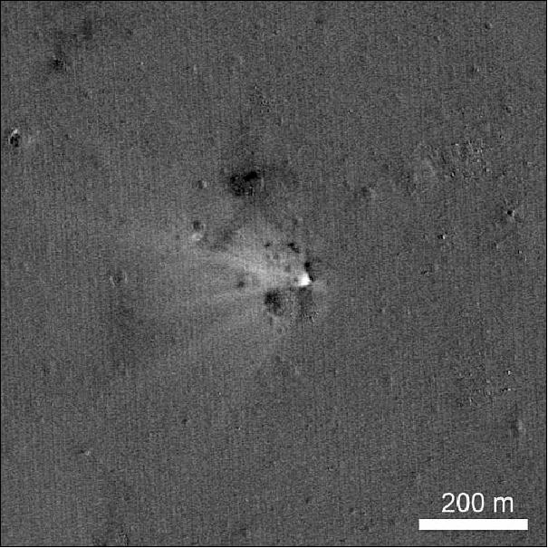 Figure 20: LRO has imaged the LADEE impact site on the eastern rim of Sundman V crater. The image was created by ratioing two images, one taken before the impact and another afterwards. The bright area highlights what has changed between the time of the two images, specifically the impact point and the ejecta (image credit: NASA)