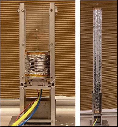 Figure 4: The inflatable cylindrical mast in its stowed (left) and fully deployed (right) configuration (image credit: SSC)
