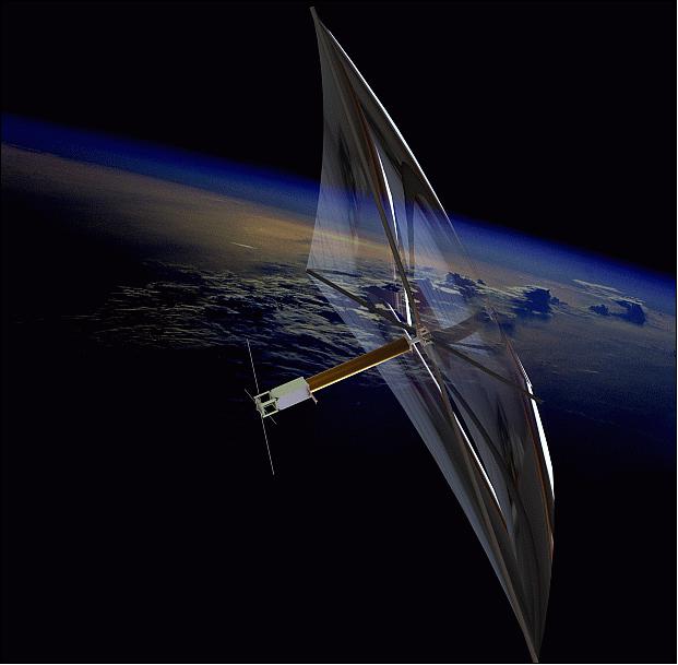 Figure 1: Illustration of the InflateSail 3U CubeSat with 1 m long inflatable boom and 10 m2 deorbiting sail (image credit: SSC)