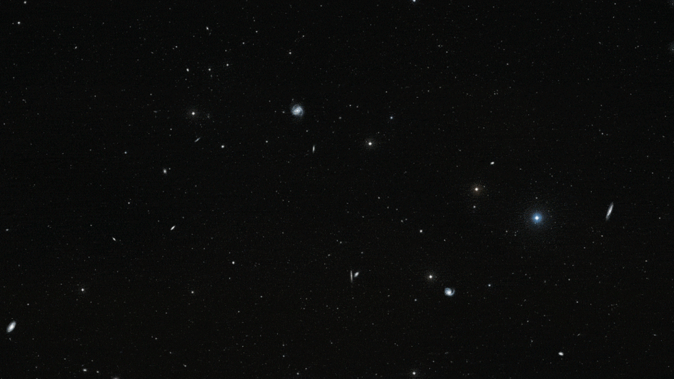 Figure 46: This animation zooms through the Virgo Cluster of nearly 2,000 galaxies into tight Hubble Space Telescope images of spiral galaxies NGC 4302 (left) and NGC 4298 (right) in visible and infrared light. Located approximately 55 million light-years away, the starry pair offers a glimpse of what our Milky Way galaxy would look like to an outside observer [image credit: NASA, ESA, and G. Bacon, J. DePasquale, and Z. Levay (STScI) Acknowledgment: A. Fujii; Digitized Sky Survey (DSS), STScI/AURA, Palomar/Caltech, and UKSTU/AAO; B. Franke (Focal Point Observatory); and M. Mutchler (STScI)]