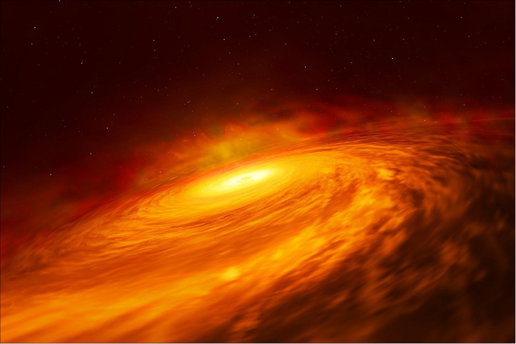 Figure 37: Artist’s impression of the peculiar thin disc of material circling a supermassive black hole at the heart of the spiral galaxy NGC 3147, located 130 million light-years away (image credit: ESA/Hubble, M. Kornmesser)