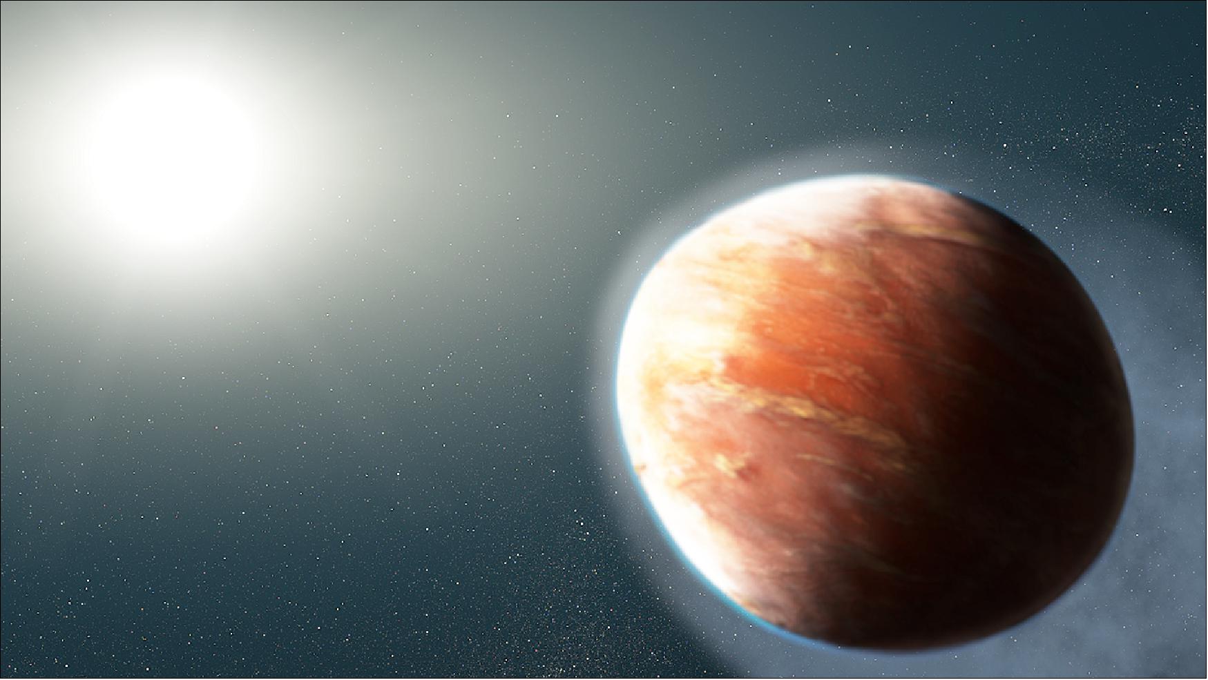 Figure 34: This artist's illustration shows an alien world that is losing magnesium and iron gas from its atmosphere. The observations represent the first time that so-called "heavy metals"—elements more massive than hydrogen and helium—have been detected escaping from a hot Jupiter, a large gaseous exoplanet orbiting very close to its star. (image credit: NASA, ESA, and J. Olmsted (STScI))