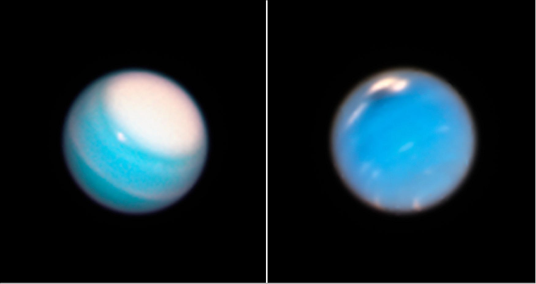 Figure 72: During its routine yearly monitoring of the weather on our solar system's outer planets, NASA's Hubble Space Telescope has uncovered a new mysterious dark storm on Neptune (right, image taken with WFC3 in September and November 2018) and provided a fresh look at a long-lived storm circling around the north polar region on Uranus (left). The Uranus image was taken with the WFC3 of Hubble in November 2018. [image credit: NASA, ESA, A. Simon (NASA Goddard Space Flight Center), and M. H. Wong and A. Hsu (University of California, Berkeley)]