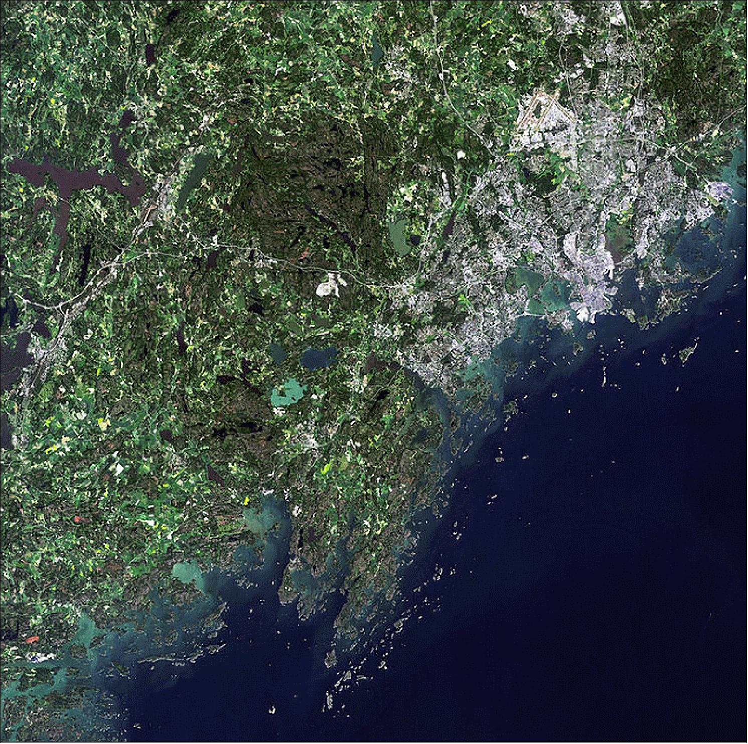 Figure 15: The AVNIR-2 instrument of ALOS captured this image of Finland’s capital and largest city, Helsinki (upper right), on the shores of the Gulf of Finland on June 28, 2009 (image credit: ESA's Earth from Space video program)