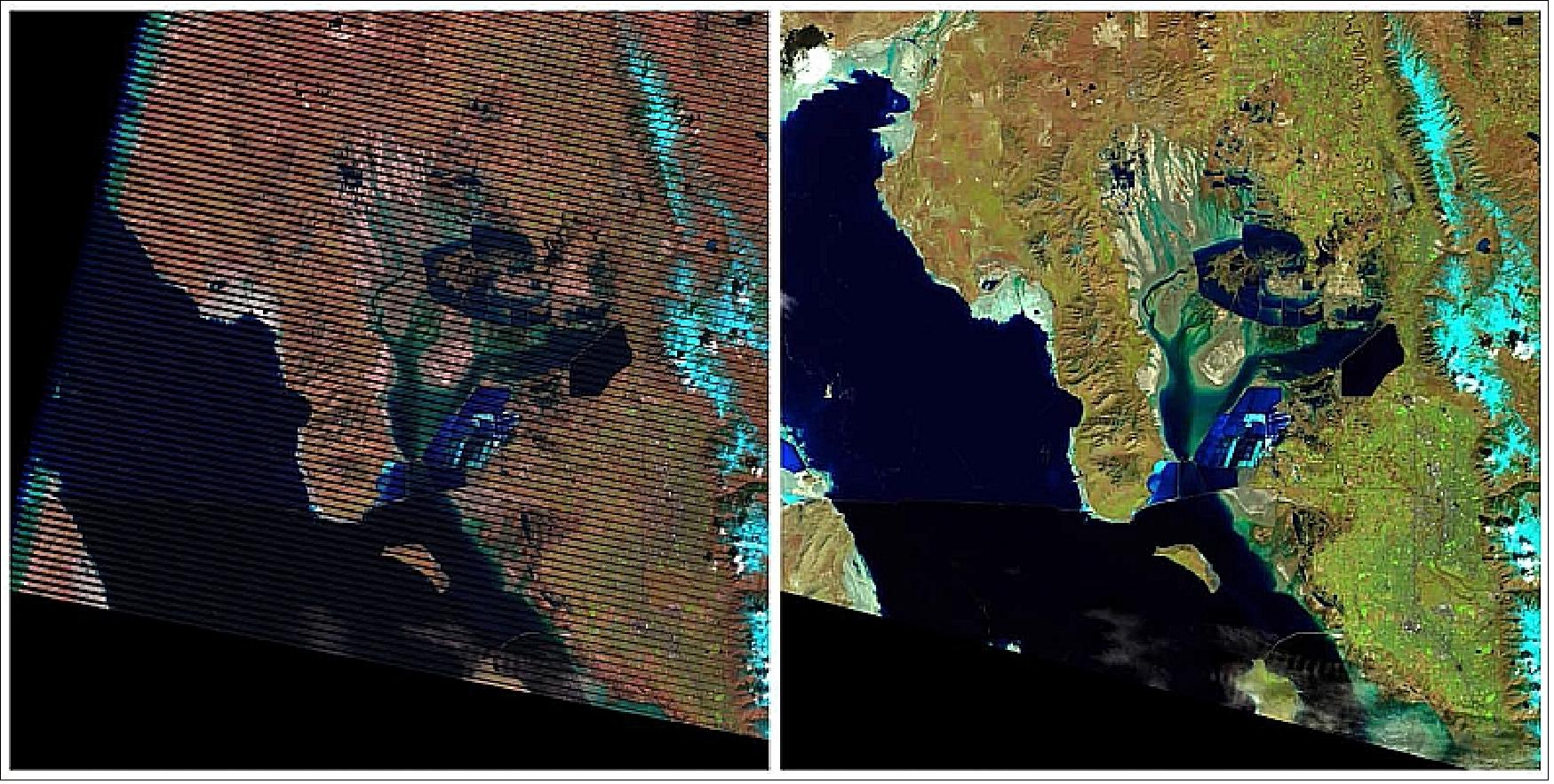 Figure 44: These images show a portion of the Great Salt Lake, Utah as seen by LS-7 (left) and LS-8 (LDCM) satellites (right); both images were acquired on March 29, 2013 (image credit: USGS, Ref. 51)