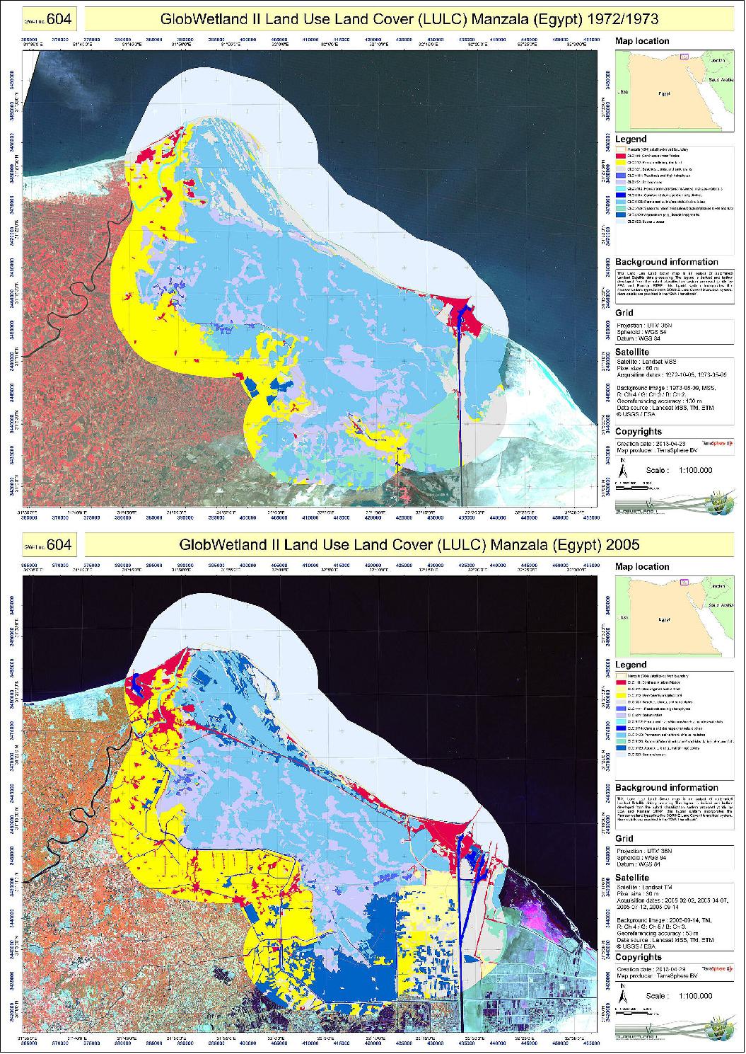 Figure 13: Monitoring Lake Manzala. The brackish Lake Manzala is located in northeast Egypt on the Nile Delta, near Port Said. The government drained substantial portions of the lake in an effort to convert its rich Nile deposits into farmland. This transformation caused the loss of over 195 sq km of brackish and permanent alkaline lakes between 1975 and 2005. The increases of aquaculture (dark blue) and crops (yellow) are evident in the maps (image credit: ESA / GlobWetland II project team / MWO)
