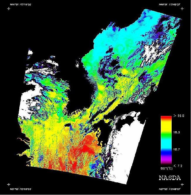 Figure 5: First ocean color image of the Sea of Japan and the East China Sea taken by OCTS on October 1, 1996 (image credit: JAXA) 17)