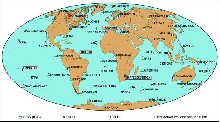 Figure 4: Overview of the DORIS network as of 2007 and co-locations with other IERS techniques (image credit: CNES, IGN)