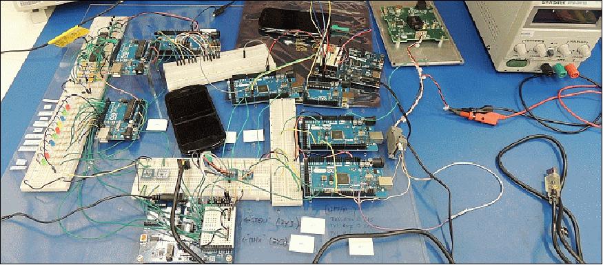 Figure 12: The EDSN DevSat during early flight software development and testing; note the Nexus S phone and consumer grade developer boards (image credit: NASA/ARC)