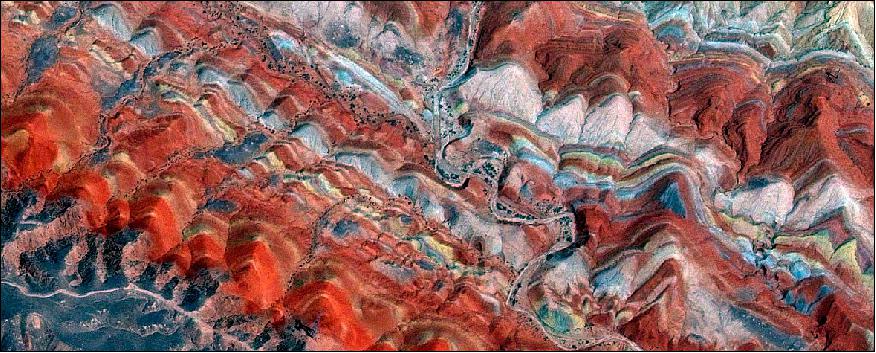 Figure 7: GeoEye-1 satellite imagery of China's Rainbow Mountains, acquired in 2015 (image credit: DigitalGlobe)