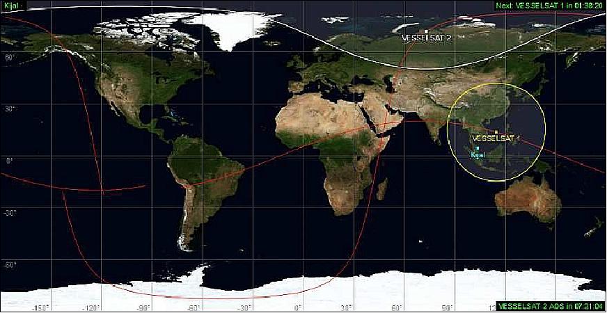 Figure 5: Ground tracks of VesselSat-1 in low-inclination orbit and VesselSat-2 in SSO (image credit: Luxspace, Ref. 10)