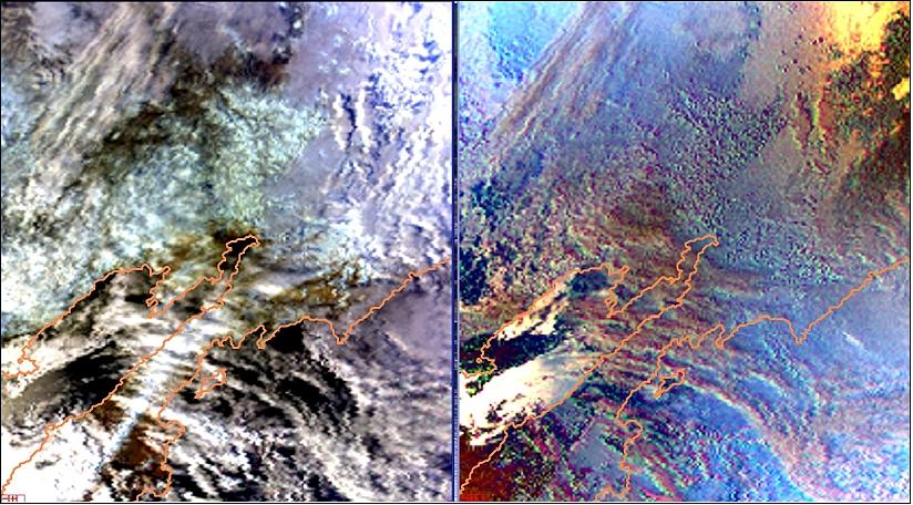 Figure 5: The last PARASOL imagery, a set of two pictures in natural light (left side) and polarized light (right side) above the Kamchatka peninsula between the Okhotsk Sea to the left and the Bering Sea to the right (image credit: CNES)