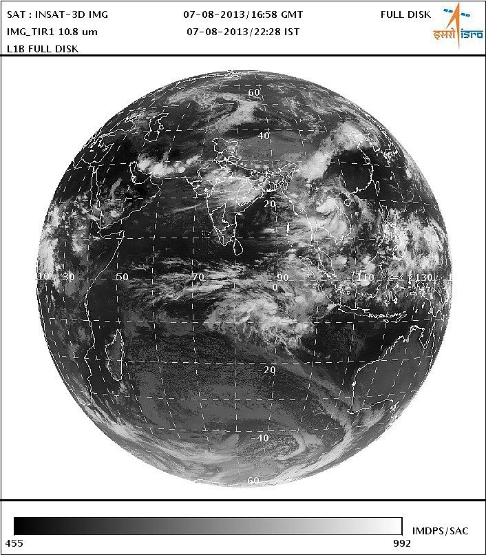 Figure 16: First full disk image of the INSAT-3D Imager observed on Aug. 7, 2013 (image credit: ISRO) 22)