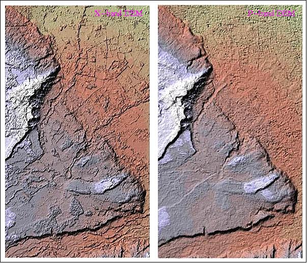 Figure 10: Illustration of GeoSAR DEMs in X-band (3 m spacing , left) and P-band (5 m spacing, right), image credit: Fugro