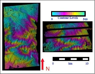 Figure 7: GeoSAR P-band (left) and X-band (right) collected at Latour (image credit: NASA/JPL)