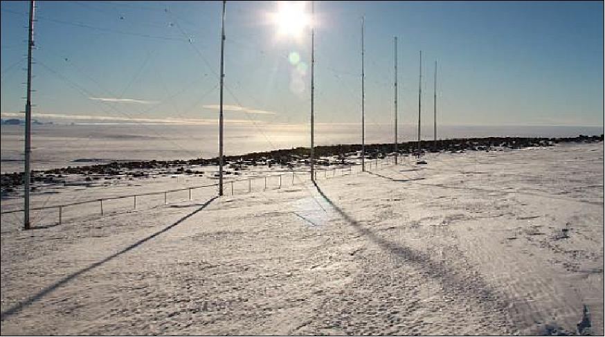 Figure 9: The 16 element TTFD antenna array of the main antenna of the SuperDARN array at SANAE in Antarctica (image credit: SANSA)