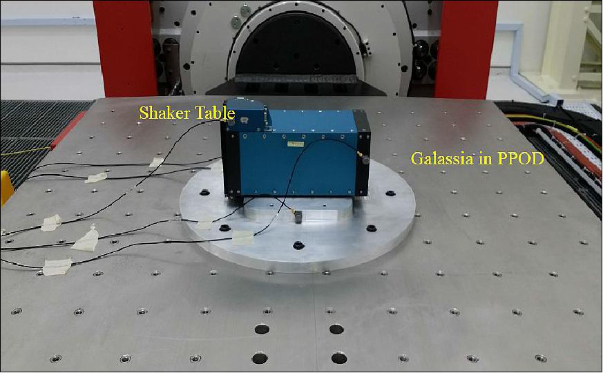 Figure 7: Photo of Galassia in P-POD (Poly-Picosatellite Orbital Deployer) with mounted accelerometers on Shaker Table (image credit: NUS)