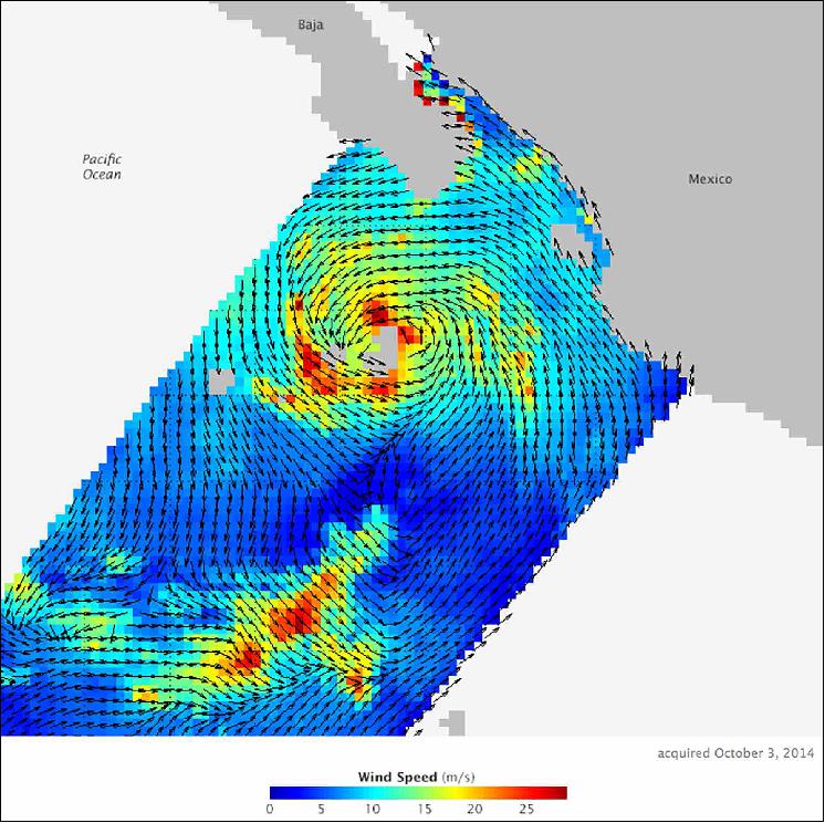 Figure 17: Wind profile of the Tropical Storm Simon acquired with ISS-RapidScat on Oct. 3, 2014 (image credit: NASA)