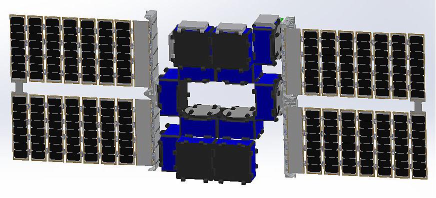Figure 6: Payload Testbed-2 – A PAC of twelve aggregated HISats shown with two deployed solar arrays (image credit: NovaWurks)