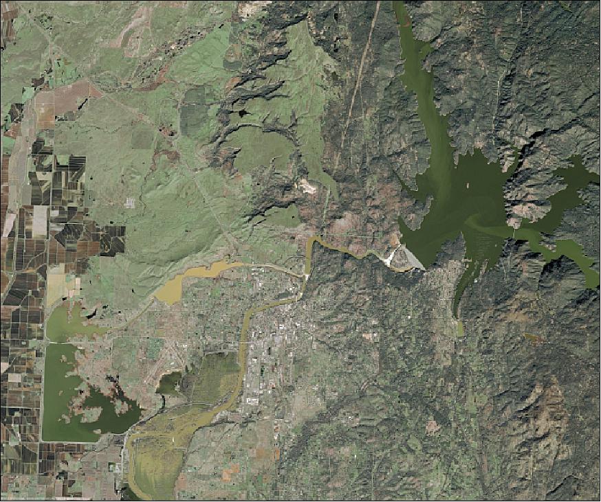 Figure 15: Satellite image of the Lake Oroville Reservoir in California, USA, acquired with SPOT-6 on February 14, 2017 at the height of the California rain storm when emergency workers and state officials were racing to repair a damaged spillway on the tallest dam in the United States, while almost 200,000 people evacuated downstream of the structure were given no indication of when they might return to their homes (image credit: Airbus DS Satellite Image Gallery) 34)
