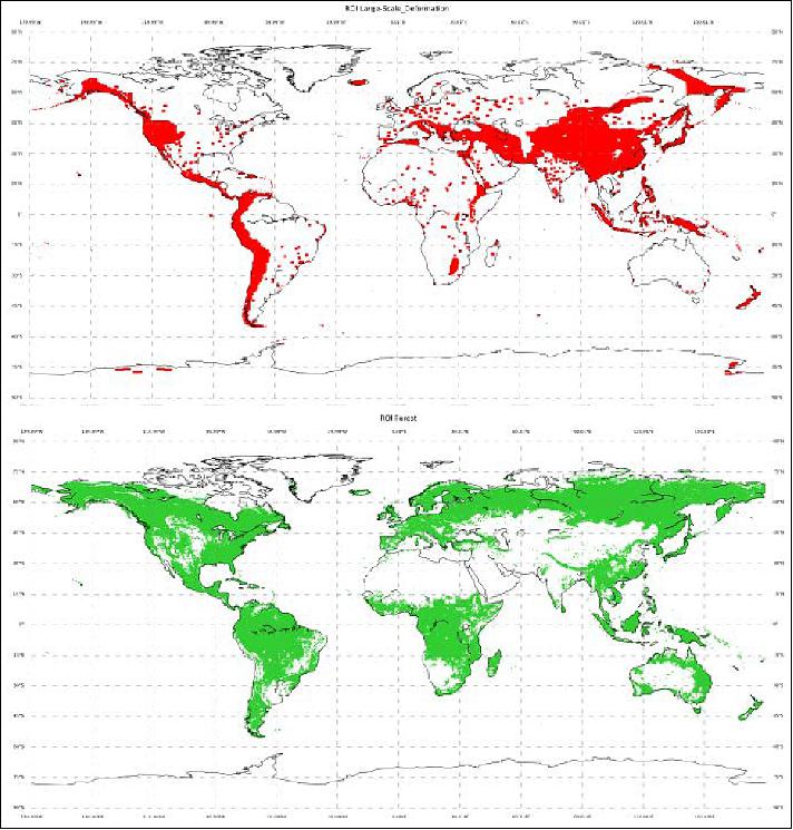 Figure 12: Regions of interest for geosphere (top) and biosphere (bottom) higher-level products (image credit: DLR)