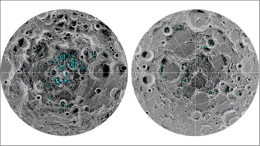 Figure 7: The image shows the distribution of surface ice at the Moon's south pole (left) and north pole (right), detected by NASA's Moon Mineralogy Mapper instrument. Blue represents the ice locations, plotted over an image of the lunar surface, where the gray scale corresponds to surface temperature (darker representing colder areas and lighter shades indicating warmer zones). The ice is concentrated at the darkest and coldest locations, in the shadows of craters. This is the first time scientists have directly observed definitive evidence of water ice on the Moon's surface (image credit: NASA)
