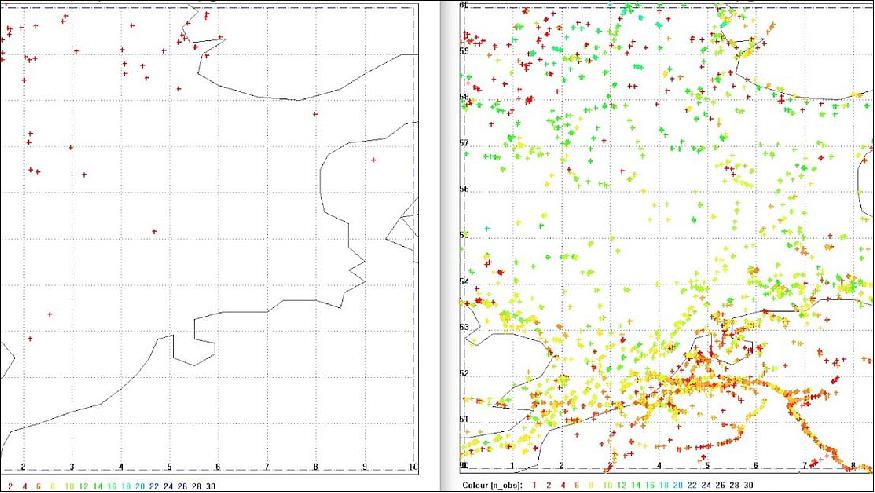 Figure 20: Ships detected each day by AISSat-1 and -2 (left) and by NorSat-1 and 2 (right) in the North Sea (image credit: Norwegian Defence Research Establishment)