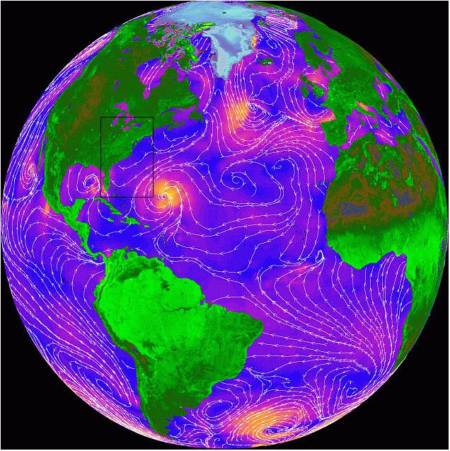Figure 6: This image was created using data from SeaWinds onboard QuikSCAT shows ocean winds on September 20, 1999. Orange areas show where winds are blowing the hardest and blue show relatively light winds (image credit: NASA, Ref. 9)