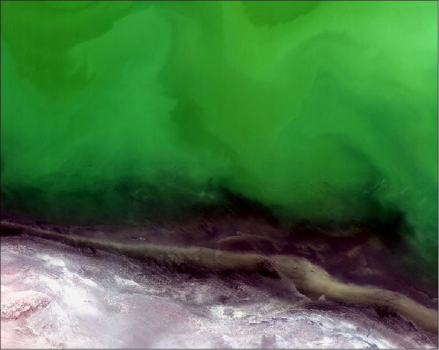 Figure 9: The shoreline of the northeastern Caspian Sea as acquired by KOMPSAT-2 on Sept. 26, 2012 (image credit: KARI, ESA)