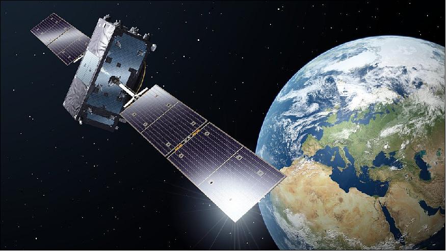 Figure 5: Galileo satellite in orbit: Galileo satellites are placed in MEOs (Medium Earth Orbits), at 23,222 km altitude along three orbital planes so that a minimum of four satellites will be visible to user receivers at any point on Earth once the constellation is complete. The fifth and sixth Galileo satellites, launched together on 22 August 2014, ended up in an elongated orbit travelling out to 25,900 km above Earth and back down to 13,713 km. In addition, the orbits are angled relative to the equator less than originally planned (image credit: ESA-P. Carril)