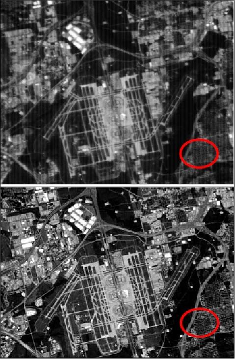 Figure 24: Comparison of raw imagery of Texas Fort Worth airport taken by UK-DMC-1 (top) and UK-DMC-2 (bottom)