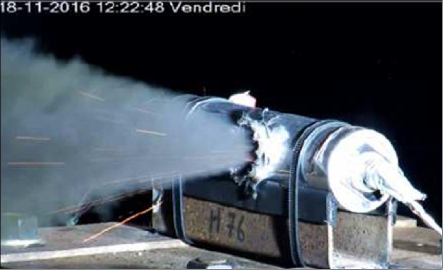 Figure 4: Micrometeoroid battery impact test: To simulate a micrometeoroid impact an 8 mm bullet was fired into a space battery cell to simulate a micrometeoroid impact (image credit: ESA/Airbus)