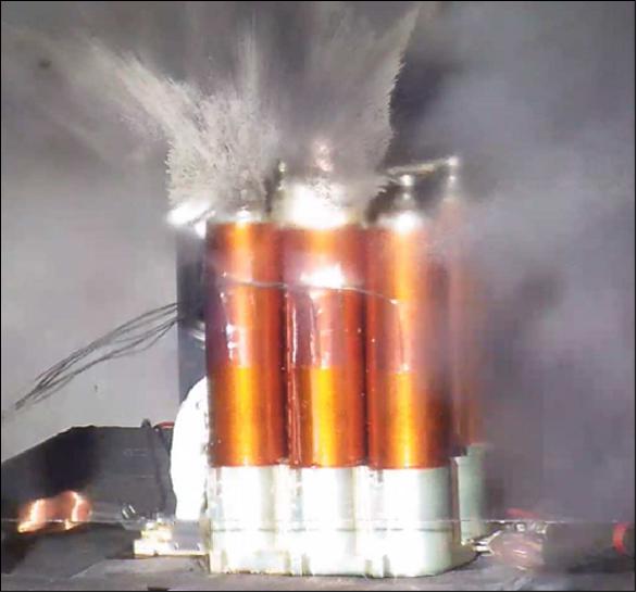 Figure 2: Exploding battery module: This 'abuse' test overcharge of a space battery module led to temperatures of 950 °C and ultimately an explosion (image credit: ESA/Airbus)