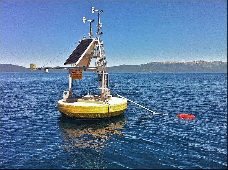 Figure 3: A combination of satellite data and ground measurements, such as from instrumented buoys like this one in Lake Tahoe on the California/Nevada border, were used to provide a comprehensive view of changing lake temperatures worldwide. The buoy measures the water temperature from above and below. image credit: Limnotech)