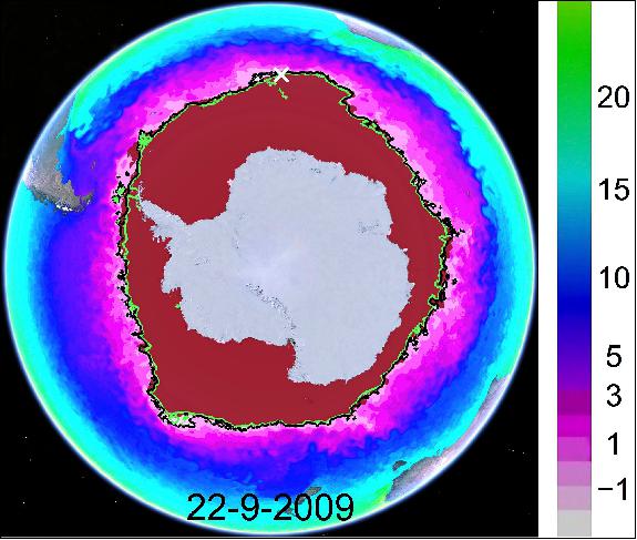 Figure 63: The edge of the protective ice shield is determined by the boundary of the surface temperature being -1ºC; the white cross is Bouvet Island (image credit: NASA/JPL- Caltech)