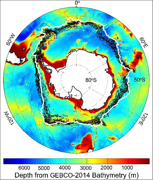 Figure 62: Location of the southern Antarctic Circumpolar Current front (white contour), with -1º Celsius sea surface temperature lines (black contours) on Sept. 22 each year from 2002-2009, plotted against a chart of the depth of the Southern Ocean around Antarctica (image credit: NASA/JPL-Caltech)