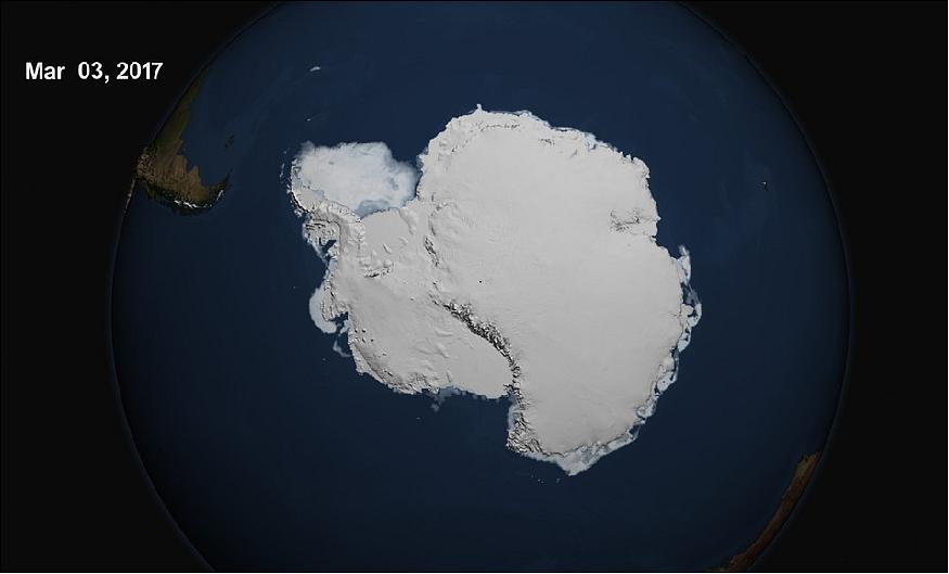 Figure 44: On March 3, 2017, the sea ice cover around the Antarctic continent shrunk to its lowest yearly minimum extent in the satellite record, in a dramatic shift after decades of moderate sea ice expansion (image credit: NASA/GSFC Scientific Visualization Studio, L. Perkins)