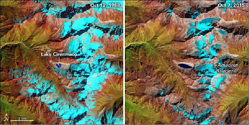 Figure 38: Left: Image of Lake Cirenmaco acquired with Landsat-5 on Oct. 12, 1988; Right: Image of the same region acquired with Landsat-8 on Oct. 7, 2015 (image credit: NASA Earth Observatory, images by Jesse Allen, using Landsat data from the USGS, caption by Adam Voiland)