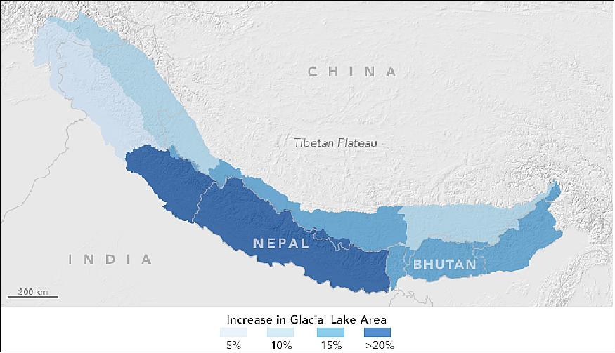 Figure 37: Himalayan region effected by an increasing number of glacial lakes (image credit: NASA Earth Observatory, images by Jesse Allen, using Landsat data from the USGS, caption by Adam Voiland)