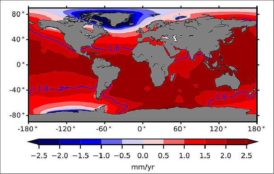 Figure 30: Sea level fingerprints (patterns of variation in sea level rise) calculated from GRACE satellite observations, 2002-2014. The blue contour (1.8 mm per year) shows the average sea level rise if all the water added to the ocean were spread uniformly around Earth (image credit: NASA, UCI)