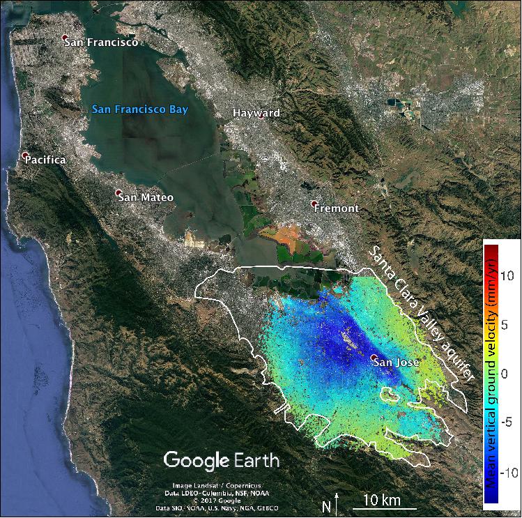Figure 27: Ground motion in California's Santa Clara Valley from 2011 to 2015 as measured by ASI's Cosmo-SkyMed SAR constellation. Colors denote the speed of ground motion (blues indicate subsidence/sinking and reds indicate uplift). The image contains modified COSMO-SkyMed data (image credit: ASI/University at Buffalo/NASA-JPL/Caltech/Google Earth/U of Basilicata)