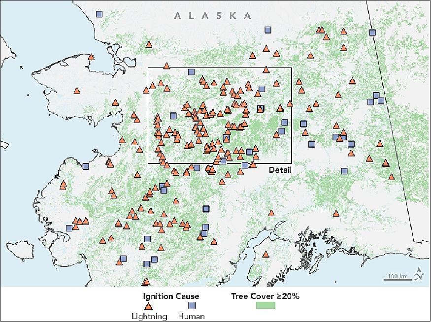 Figure 5: Location and ignition source (lightning or human caused) for forest fires in interior Alaska in 2015, acquired with MODIS on Terra and Aqua and in situ measurements (image credit: NASA Earth Observatory, maps and charts by Jesse Allen using data provided by Sander Veraverbeke (Vrije Universiteit). Story by Mike Carlowicz (NASA Earth Observatory), Alan Buis (Jet Propulsion Laboratory), and Brian Bell (University of California, Irvine)