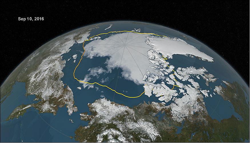 Figure 3: Extent of Arctic sea ice in September 2016 versus the 1981-2010 average minimum extent (gold line). Through satellite images, researchers have observed a steep decline in the average extent of Arctic sea ice for every month of the year (image credit: NASA)