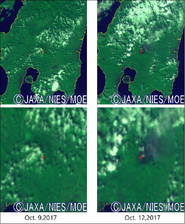 Figure 12: Before and after the eruption of Shinmoedake. The red mark shows the location of the mountain. The TANSO-CAI image is composed of band2 (674 nm) in red, band3 (870 nm) in green and band1 (380 nm) in blue (image credit: EORC-JAXA)
