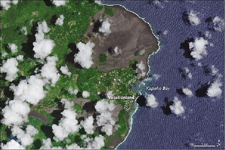 Figure 40: Landsat-8 image of Hawaii's Kapoho Bay costline acquired on 14 May 2018 (image credit: NASA Earth Observatory, image by Joshua Stevens, using Landsat data from the USGS and modified Copernicus Sentinel data (2018) processed by the European Space Agency. Story by Adam Voiland)